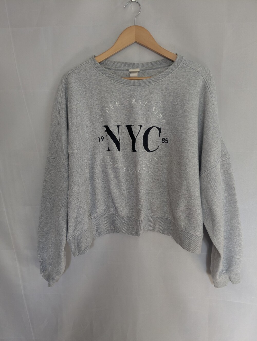 H&M LOGG Retro NYC Embroidered Cropped Sweatshirt Heather Grey Oversized XXL